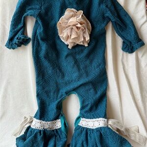 Whimsy Teal Onesie 12 month, Whimsy Lace Velvet bows Baby girl size 12